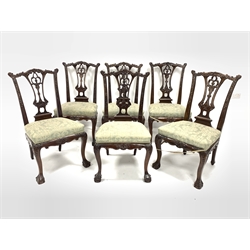 Late 20th century Chippendale design set six dining chairs, pierced and carved splat. the uprights and cresting rails carved with foliage and flower heads, cabriole supports with ball and claw feet, knees carved with acanthus leaves, upholstered over stuffed seats, seat width - 54cm, seat height - 50cm