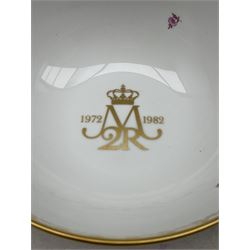 Royal Copenhagen ceramics comprising a large Jubilee Bowl, 10th year anniversary of Queen Margrethe 1972-1982 D24cm, large commemorative mug for the Royal Danish Yacht Club no. 3135 designed by Nils Thorsson and 'The Famous Round Tower' cigar box (3)