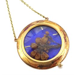 Edwardian 15ct gold circular pink guilloche enamel and pearl pendant, with glazed back containing a dried flower, on a fine link chain necklace, boxed 