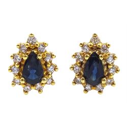 Pair of 18ct gold pear shaped sapphire and diamond cluster stud earrings, hallmarked