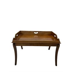 Mahogany tray-top coffee table, rectangular on splayed legs 