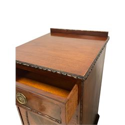 Pair of mahogany pedestals, the raised back and moulded edge over one drawer and cupboard door, raised on bracket supports 