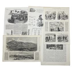 Large collection of engravings and maps to include: 'Battle of Crecy', 'Canute the Great', 'Aries' artillery war machine', various British landscape engravings and etchings, selection of mid-19th century plates from 'The Illustrated London News', map of 'England and its Railways' and others (approx. 50)