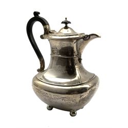 Silver hot water jug with ebonised handle and lift and on ball feet Sheffield 1919 Maker James Dixon & Sons 16.6oz gross 