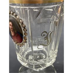 Two 19th/ early 20th century wine glasses, both having air twist stems with trumpet bowls, H18.5cm, 19th century Bohemian cut glass goblet applied with an oval painted portrait of Jesus Christ within a jewelled border flanked by the initials H. F. H14cm together with a similar style tumbler with engraved decoration (4)