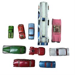 Diecast vehicles including Tri-ang Spot-On Rolls Royce, Corgi Volkswagen 1200 Saloon, Lady Penelops's Fab 1, Corgi Major Toys Carrimore Car Transporter and others, all play worn and some missing parts (10)