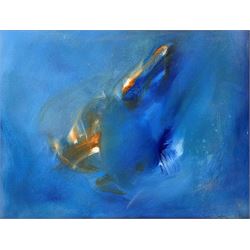 English School (20th century): Blue Abstract, acrylic on board, signed indistinctly together with watercolour study of washerwomen, signed indistinctly, max 50cm x 55cm (2)