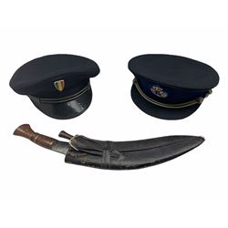 Kukri in scabbard with one skinning knife and 1980s French and Belgian police peaked caps