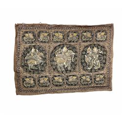 20th century Burmese wall hanging with embroidered and sequin embellished decoration, 130cm x 91cm together with a similar style bag and embroidered throw (3) 