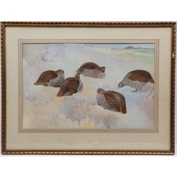 Frank Southgate RBA (British 1872-1916): Partridges in the Snow, pair watercolours signed 38cm x 58cm