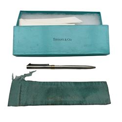 Tiffany Sterling Silver ballpoint pen with 14k yellow gold band, cased 