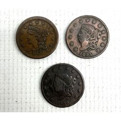 Three United States of America one cent coins, dated 1825, 1830 and 1851 