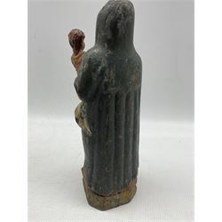 Coptic cross finial with pierced decoration, Northern European polychrome Madonna and Child carved wooden statue together with metal candle snuffer max H39cm