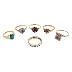 Gold sapphire cluster ring, garnet cluster ring and three other stone set rings, all 9ct hallmarked or stamped and one other cluster stamped Sil & 9ct gold (6)