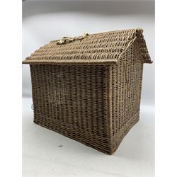 Early 20th century English wicker work animal carrier or kennel, of architectural form with pitched roof, arched doorway with six spoked wheel motif pediment and arched iron gate, L56cm, W42cm, H47cm 