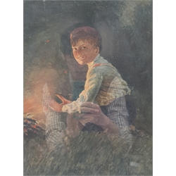 John T Gilroy (British exh.1927-1940): Boy by the Campfire, watercolour signed and dated '14, 37cm x 27cm; and pair 20th century pastel portraits indistinctly signed 38cm x 30cm (3)