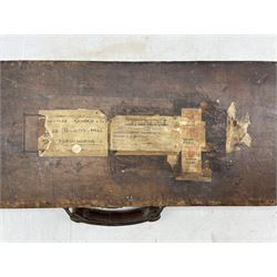 Late Victorian Westley Richards brass mounted gun case for an Anson & Deeley Hammerless Gun, with green baize interior and various railway labels to the cover, L84cm 