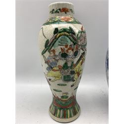 Chinese crackle glaze vase decorated with warrior scenes, Chinese plate warmer, Japanese bowl decorated with green panels and vase with cover max H29cm (4)