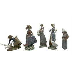 Group of five Lladro figures including 'Afternoon Snack' 6557, 'Wild Goose Chase' 5553 and three others (5)