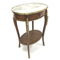 Late 19th/ Early 20th century French kingwood occasional table, variegated white marble inset top bordered by a moulded gilt metal band, inlaid single frieze drawer, raised on slender shaped supports with sabot feet and gilt metal mounts 55cm x 40cm, H77cm