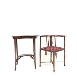 Edwardian inlaid mahogany kidney shaped occasional table, with boxwood string inlay, raised on square tapered and splayed supports united by under tier, (W61cm) together with an Art Nouveau inlaid stained beech corner chair, with upholstered seat raised on ring turned supports united by 'X' stretcher, (W56cm)