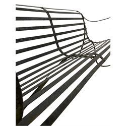 Early-to-mid 20th century strapwork black painted iron garden bench, with scroll arms and supports