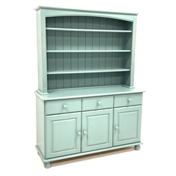Turquoise blue painted wood kitchen dresser, three heights plate rack above three drawers and three panelled cupboards, W135cm, H180cm, D46cm