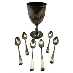 Set of six George III silver tea spoons engraved with initials London 1806 Maker Thomas Dicks, and a Victorian silver challenge cup H16cm Birmingham 1869 8.7oz 