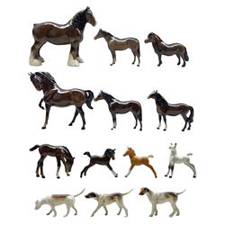 Group of Beswick models to include a brown gloss horse model 1549, Shetland pony, Shire Mare, Hound, various foals and other models, together with two matching hounds 