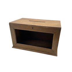 Victorian oak letter box, the lid with central slot and hinged front, lacking glass panel, L42cm, H25cm, D22cm