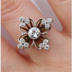 9ct gold and platinum old cut diamond, open work flower head cluster ring, central diamond approx 0.25 carat