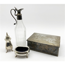 Silver rectangular cigarette box engraved with initials W13cm Birmingham 1945, silver pepperette and matching salt and an early 19th century glass bottle with silver cover