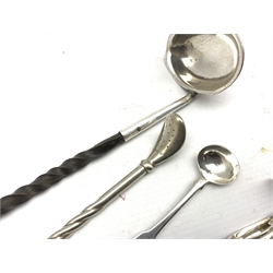19th Century punch ladle with plated bowl and twisted whale bone handle, pair of early 19th Century silver fiddle pattern mustard spoons, silver sugar tongs, white metal bombilla etc