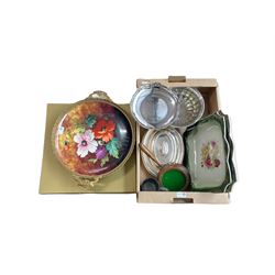 Continental hand painted floral charger with gilt mount, silver plated entree dishes, pedestal bowl etc in one box