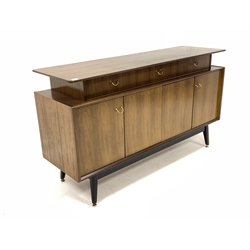 G-Plan - Mid century 'Librenza' teak sideboard, with three drawers over two bi folding cupboard doors, raised on ebonised supports, W150cm, H85cm, D46cm