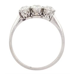 Early-mid 20th century platinum three stone old cut diamond ring, total diamond weight approx 0.95 carat