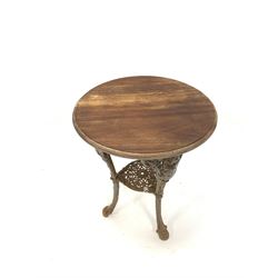 Heavy Victorian style cast iron Britannia pub table, circular moulded hardwood top over three supports united by under tier D62cm, H77cm