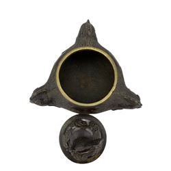 Later 19th Century  Chinese bronze censer, the trifom base cast with three Cockerel masks, with pierced cover and Cockerel knop, raised upon tripod supports, H13cm
