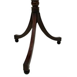 Pair of 19th century mahogany wine tables, octagonal tops on twist and ring turned stems, three curved splay supports on spherical feet