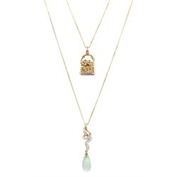 9ct gold amethyst fob pendant necklace and a 9ct gold  pear shaped chalcedony and diamond pendant necklace 