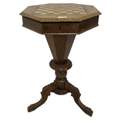 Victorian walnut octagonal work table, the lifting hinged top fitted with inlay over octagonal and turned column leading into three splayed supports  