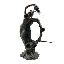 Art Nouveau style bronze effect table lamp in the form of a maiden and inset with oval mirror, H52cm 