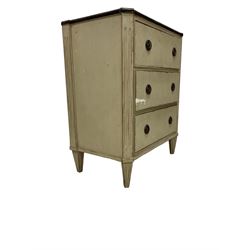 Georgian design painted chest, rectangular top over three drawers flanked by canted and fluted corners, raised on square tapering supports