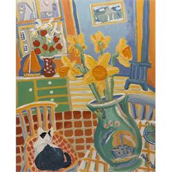 John Dyer (British 1968-): 'Snoozing On The Kitchen Chair', acrylic on canvas signed, titled verso 50cm x 40cm