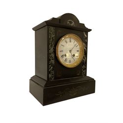 French - 8-day 19th century mantle clock in a slate and variegated marble case, with a striking movement, striking the hours and half hours on a bell. enamel dial with Roman numerals and steel moon hands, case with incised decoration and inlaid marble panels.