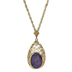 9ct gold opal triplet openwork pendant, Birmingham 1973, on 9ct gold rope link necklace, hallmarked