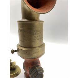 Sydney Smith & Sons Patent brass 'Gun Syren' H22cm together with a pair of Bengal Brass Ltd advertising paperweights in the form of stop valves (3)