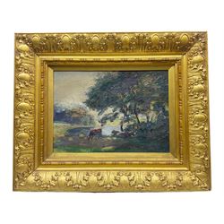 English School (Early 20th century): Cattle Watering by Trees, oil on canvas laid onto board unsigned 25cm x 34cm