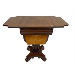 William IV mahogany sewing or work table, rectangular drop-leaf top with re-entrant corners, fitted with single frieze drawer over sliding storage well, raised on curved support with pedestal terminating in quadriform base with scrolled feet and castors