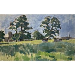 Douglas Frederick Pittuck (British 1911-1993): 'Fields Near Barnard Castle', oil on card signed, titled verso 30cm x 50cm